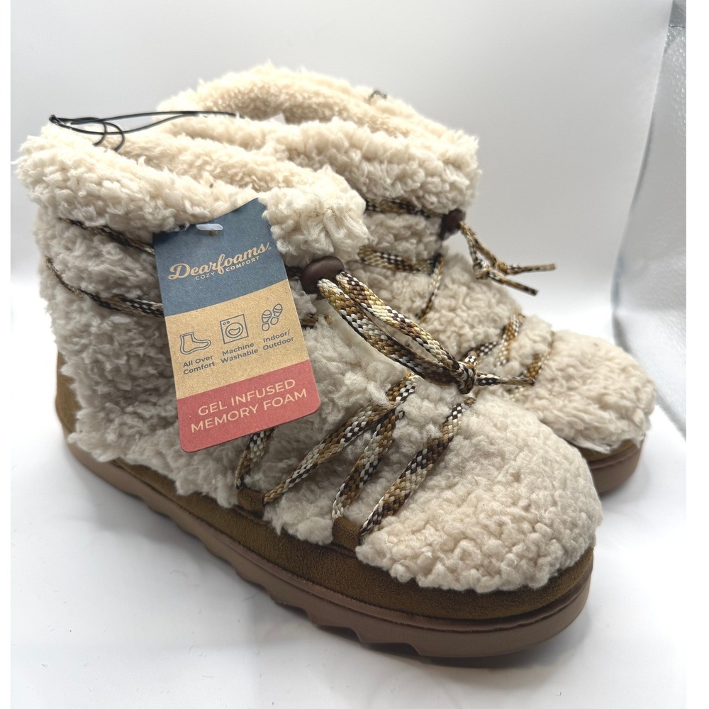 Dearfoams‎ Women Cozy Boot Cream Sherpa Gel Memory Foam Slippers WALH1 7-8